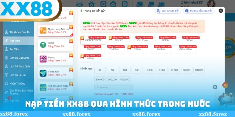 Có thể nạp tiền XX88 nhanh chóng qua hình thức trong nước